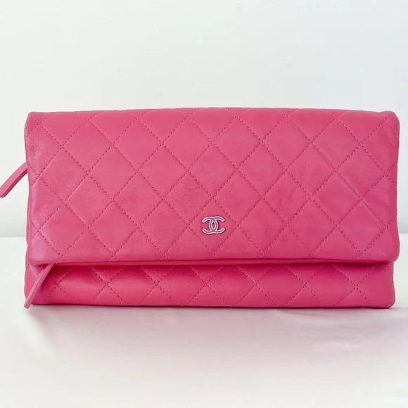 Chanel Pink Quilted Lambskin Fold Over Clutch - Picture 1 of 14